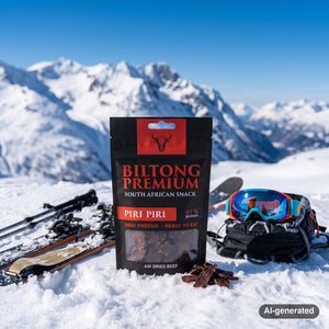 Biltong Premium Biltong Piri Piri in the snow next to touring skis and poles on a sunny winter day in the mountains, AI-generated image