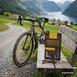 Biltong Premium Droëwors Original on a bench by a gravel road, with a bike and a cycling helmet, AI-generated image