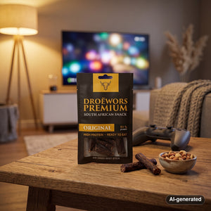 Biltong Premium Droëwors Original on a coffee table in the evening, with a game controller and a small bowl, AI-generated image