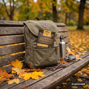 Biltong Premium Droëwors Original sticking out of a backpack on a park bench in autumn, with a water bottle and headphones, AI-generated image