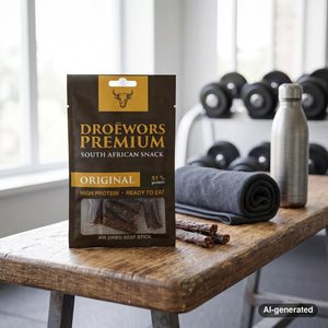 Biltong Premium Droëwors Original on a gym bench, with dumbbells, a towel and a water bottle in the background, AI-generated image