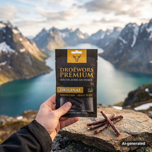 Hand holding Biltong Premium Droëwors Original in front of a fjord landscape, AI-generated image