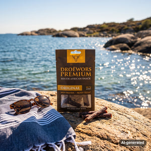 Biltong Premium Droëwors Original on a smooth coastal rock by the sea, with a towel and sunglasses, AI-generated image