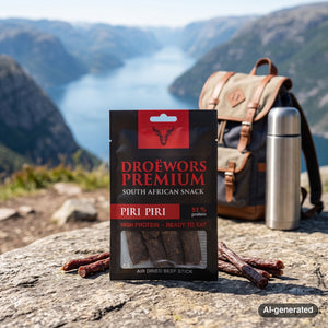 Biltong Premium Droëwors Piri Piri on a rock beside a mountain trail above a Norwegian fjord, with a backpack and thermos, AI-generated image