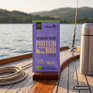 Cherky Beef Bar Beetroot & Cranberries on the deck of a small sailboat on a lake in the evening sun, with a rope and thermos, AI-generated image