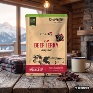Cherky Beef Jerky Original on a wooden table in a mountain chalet, with a wool blanket, an enamel mug and snowy mountains outside, AI-generated image