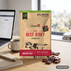 Cherky Beef Jerky Original on a desk next to a laptop, a cup of coffee and a notebook, AI-generated image