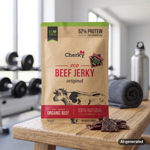 Cherky Beef Jerky Original on a gym bench, with dumbbells, a towel and a water bottle in the background, AI-generated image