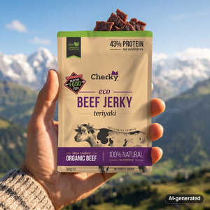 Hand holding Cherky Beef Jerky Teriyaki in front of an alpine mountain landscape, AI-generated image