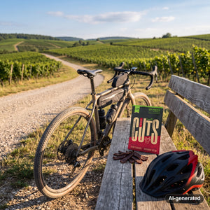 Cherky Biltong Cuts Classic on a bench by a gravel road through vineyards, with a bike and a cycling helmet, AI-generated image