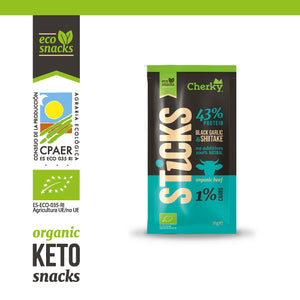 Cherky Beef Stick Black Garlic & Shiitake 25g organic beef stick, turquoise pack with 43% protein