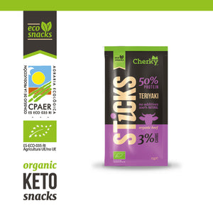 Cherky Beef Stick Teriyaki 25g organic beef stick, purple pack with 50% protein