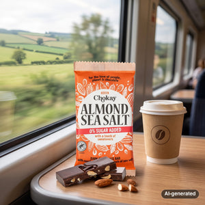 Chokay Bar Dark Almond Sea Salt on a train table by the window, with a coffee cup, AI-generated image