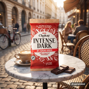 Chokay Bar Intense Dark on a marble cafe table next to a cappuccino, AI-generated image
