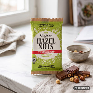 Chokay Bar Milk Hazelnuts on a light marble kitchen counter with a linen cloth and a small ceramic bowl, AI-generated image