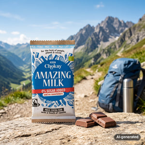 Chokay BIO Bar Amazing Milk on a rock beside a mountain trail in the Alps, with a backpack and thermos, AI-generated image