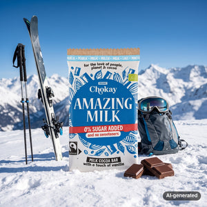 Chokay BIO Bar Amazing Milk in the snow next to touring skis and poles on a sunny winter day in the Alps, AI-generated image