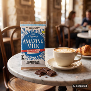 Chokay BIO Bar Amazing Milk on a marble cafe table next to a cappuccino, AI-generated image