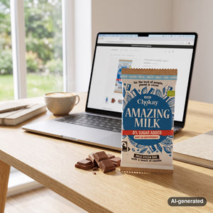 Chokay BIO Bar Amazing Milk on a desk next to a laptop, a cup of coffee and a notebook, AI-generated image