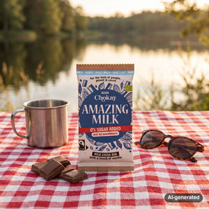 Chokay BIO Bar Amazing Milk on a checked picnic blanket by a lake on a summer day, with a steel cup and sunglasses, AI-generated image