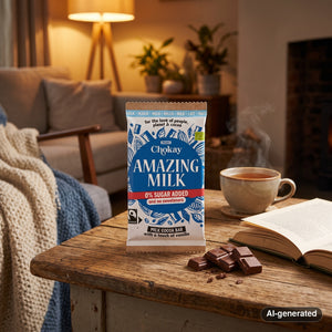 Chokay BIO Bar Amazing Milk on a coffee table in the evening, with a knitted blanket, a cup of tea and a book, AI-generated image