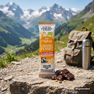 Chokay Bio Snackbar Caramel Peanut on a rock beside a mountain trail in the Alps, with a backpack and thermos, AI-generated image