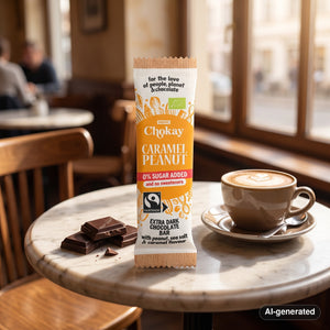 Chokay Bio Snackbar Caramel Peanut on a marble cafe table next to a cappuccino, AI-generated image