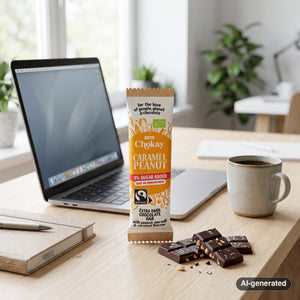 Chokay Bio Snackbar Caramel Peanut on a desk next to a laptop, a cup of coffee and a notebook, AI-generated image