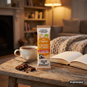 Chokay Bio Snackbar Caramel Peanut on a coffee table in the evening, with a knitted blanket, a cup of tea and a book, AI-generated image