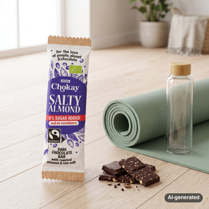 Chokay Bio Snackbar Salty Almond on a wooden floor next to a rolled yoga mat and a water bottle, AI-generated image