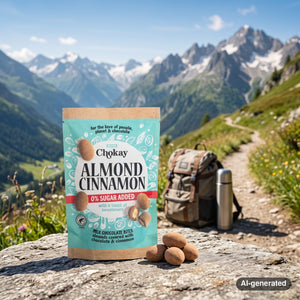 Chokay Treat Milk Almond Cinnamon on a rock beside a mountain trail in the Alps, with a backpack and thermos, AI-generated image