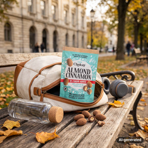 Chokay Treat Milk Almond Cinnamon sticking out of a backpack on a park bench in autumn, with a water bottle and headphones, AI-generated image