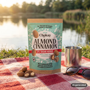 Chokay Treat Milk Almond Cinnamon on a checked picnic blanket by a lake on a summer day, with a steel cup and sunglasses, AI-generated image