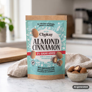 Chokay Treat Milk Almond Cinnamon on a light marble kitchen counter with a linen cloth and a small ceramic bowl, AI-generated image