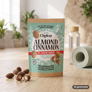 Chokay Treat Milk Almond Cinnamon on a wooden floor next to a rolled yoga mat and a water bottle, AI-generated image