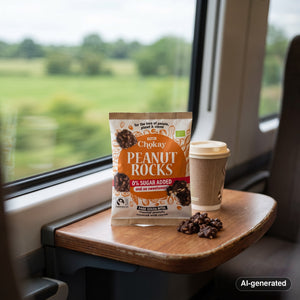 Chokay BIO Bite Dark Peanut Rocks on a train table by the window, with a coffee cup, AI-generated image