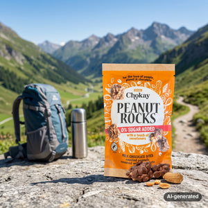 Chokay Treat Milk Peanut Rocks on a rock beside a mountain trail in the Alps, with a backpack and thermos, AI-generated image