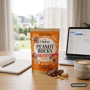 Chokay Treat Milk Peanut Rocks on a desk next to a laptop, a cup of coffee and a notebook, AI-generated image