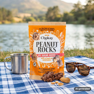 Chokay Treat Milk Peanut Rocks on a checked picnic blanket by a lake on a summer day, with a steel cup and sunglasses, AI-generated image
