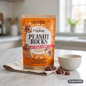 Chokay Treat Milk Peanut Rocks on a light marble kitchen counter with a linen cloth and a small ceramic bowl, AI-generated image