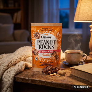 Chokay Treat Milk Peanut Rocks on a coffee table in the evening, with a knitted blanket, a cup of tea and a book, AI-generated image