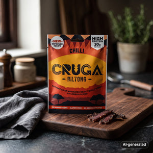 Cruga Biltong Chilli on a dark wooden cutting board on a kitchen counter in soft window light, AI-generated image