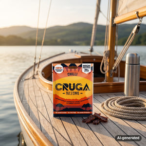 Cruga Biltong Chilli on the deck of a small sailboat on a lake in the evening sun, with a rope and thermos, AI-generated image