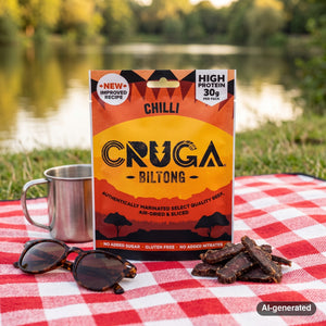 Cruga Biltong Chilli on a checked picnic blanket by a lake on a summer day, with a steel cup and sunglasses, AI-generated image