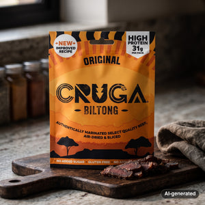 Cruga Biltong Original on a dark wooden cutting board on a kitchen counter in soft window light, AI-generated image