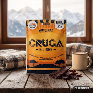 Cruga Biltong Original on a wooden table in a mountain chalet, with a wool blanket, an enamel mug and snowy mountains outside, AI-generated image
