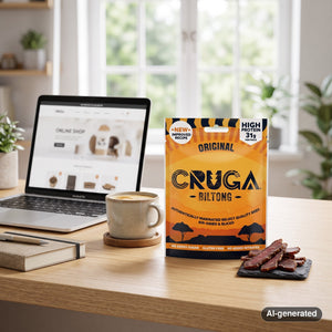 Cruga Biltong Original on a desk next to a laptop, a cup of coffee and a notebook, AI-generated image