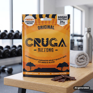 Cruga Biltong Original on a gym bench, with dumbbells, a towel and a water bottle in the background, AI-generated image