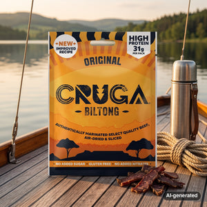 Cruga Biltong Original on the deck of a small sailboat on a lake in the evening sun, with a rope and thermos, AI-generated image