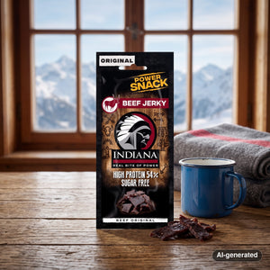Indiana Beef Jerky on a wooden table in a mountain chalet, with a wool blanket, an enamel mug and snowy mountains outside, AI-generated image